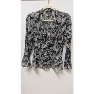 Style & Co Black/White Feather Print Pleated Blouse